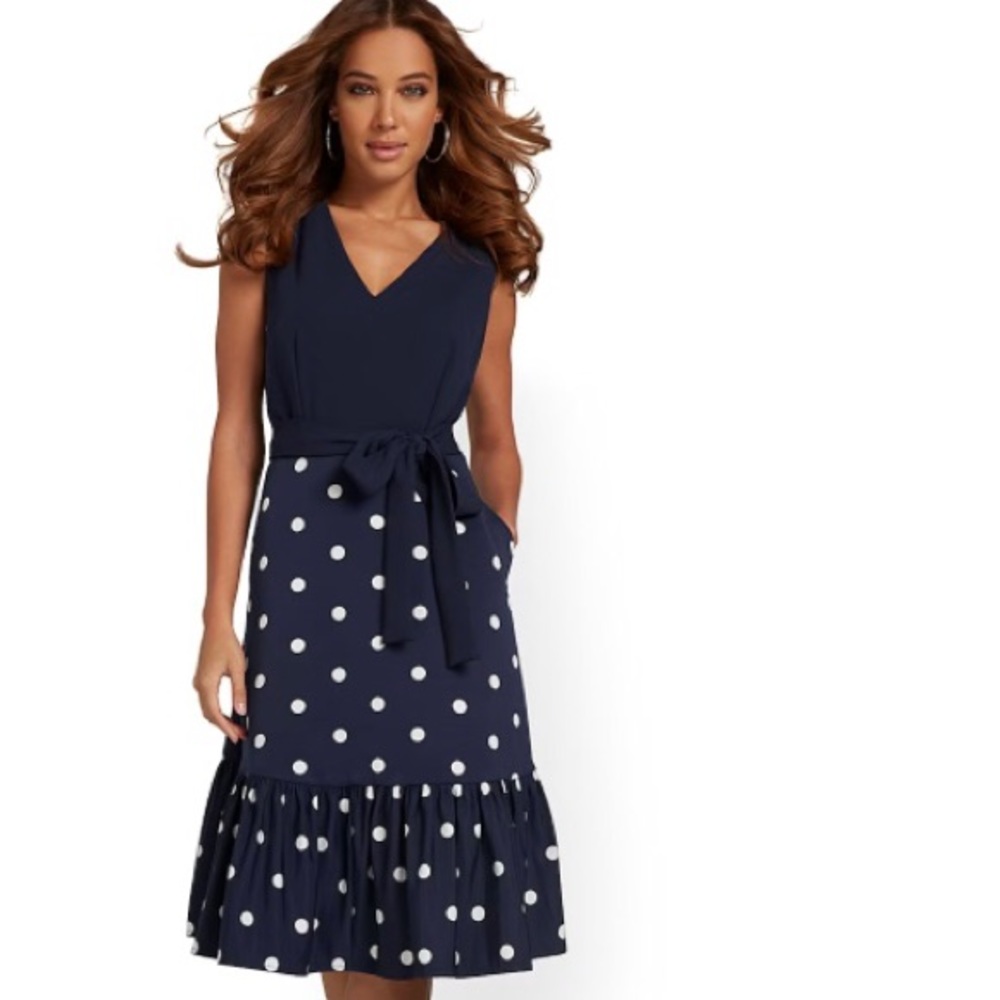 New York & Co Blue Polka Dot Sleeveless V-Neck Midi Dress Medium NWT